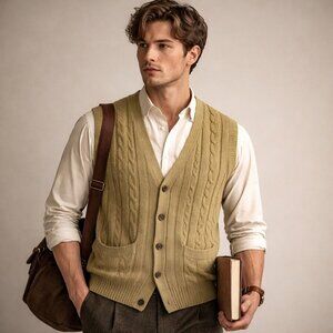 Vintage Y2K Towncraft Mens Cable Knit Sweater Vest Size M Preppy Classic Grandpa